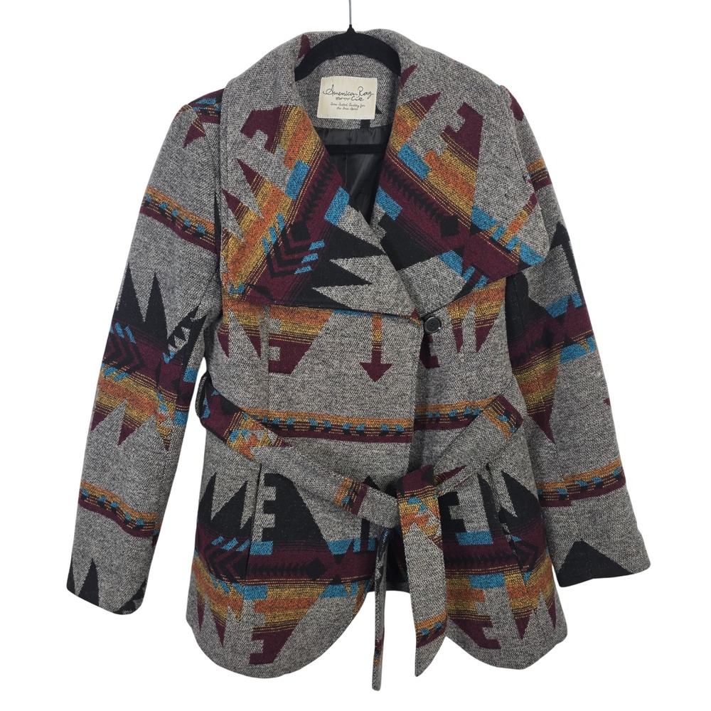 American Rag Womens Southwestern Aztec Wrap Coat Gray Burgundy Small 4408PF - Picture 1 of 8